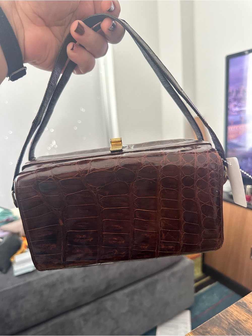 Classic Croc-Embossed Brown Top-Handle Bag